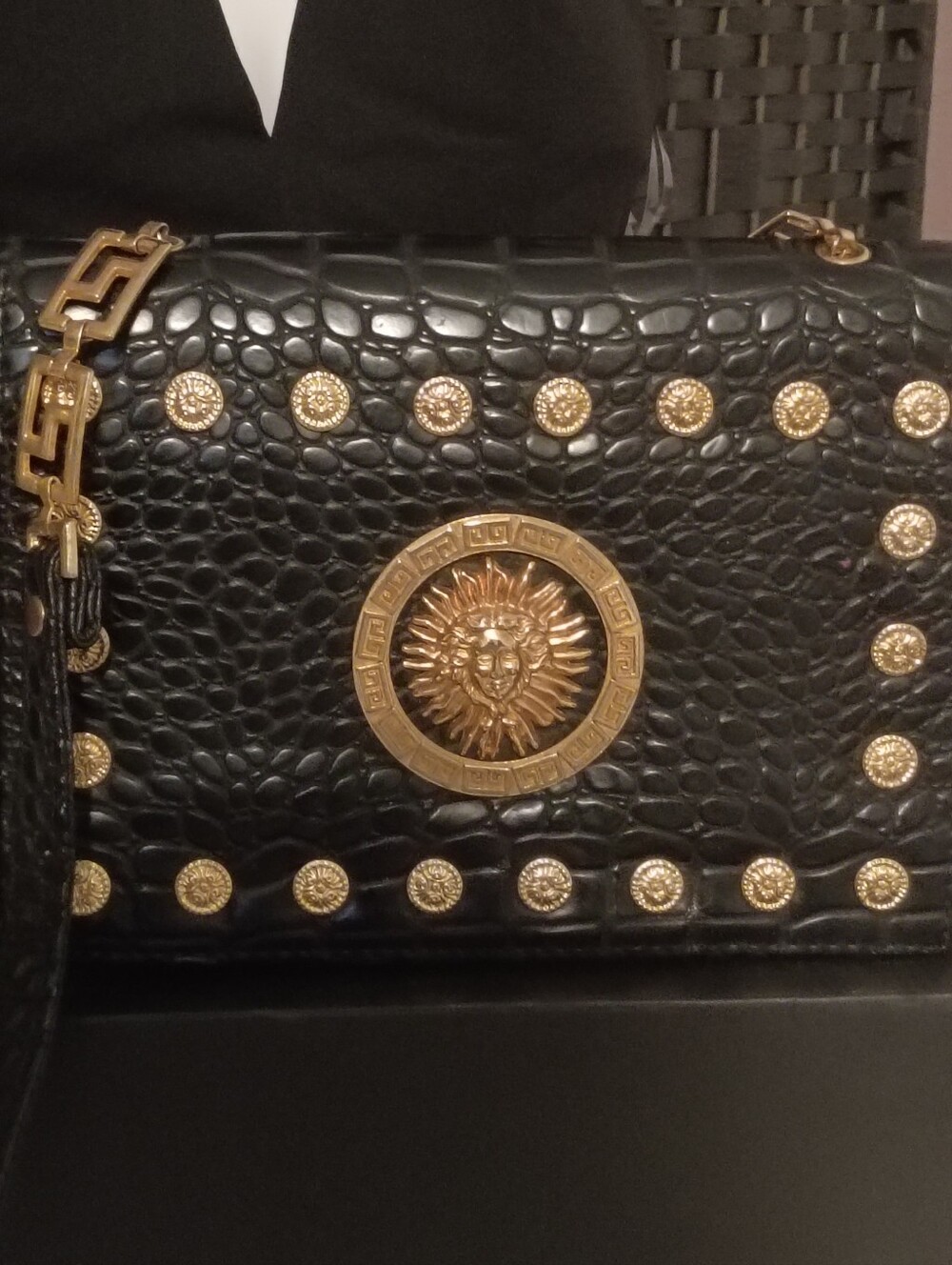 Vintage Cooper J Black Croc- Croc-Embossed Shoulder Bag with Gold Lion Medallion